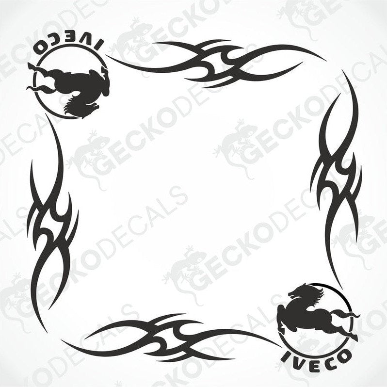 A set of two black tribal pattern car decals with the IVECO logo, designed for placement on the side windows of a vehicle.