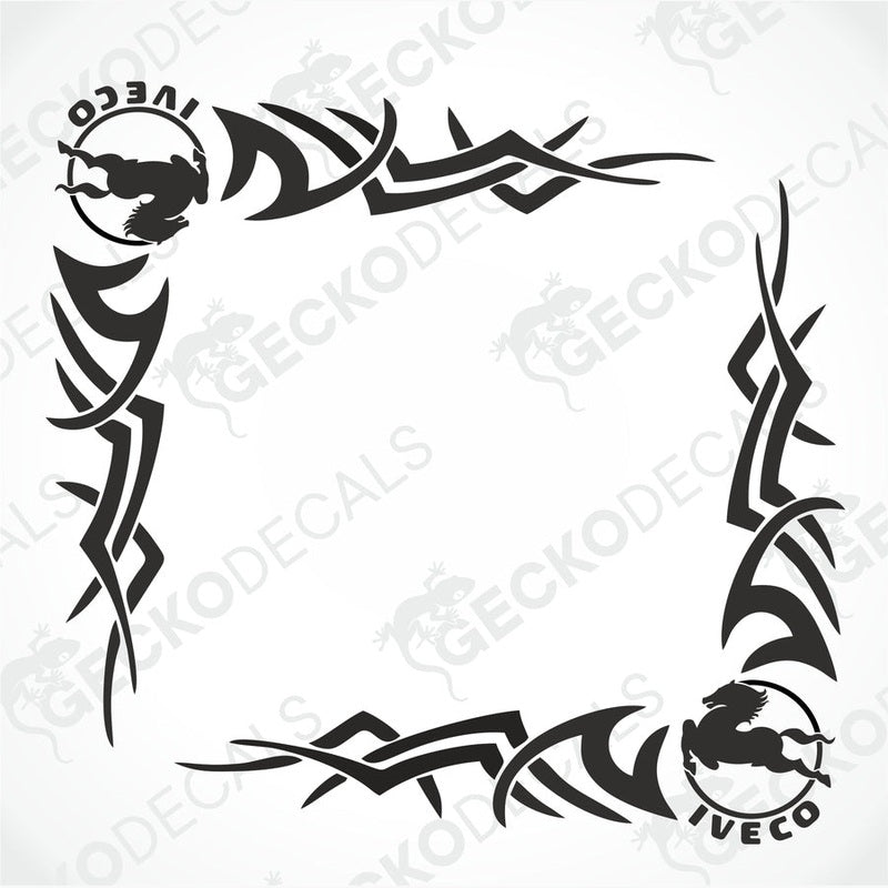 A set of two black and white tribal pattern side window decals for IVECO trucks, with the Gecko Decals logo and the word 'Tribal' visible.