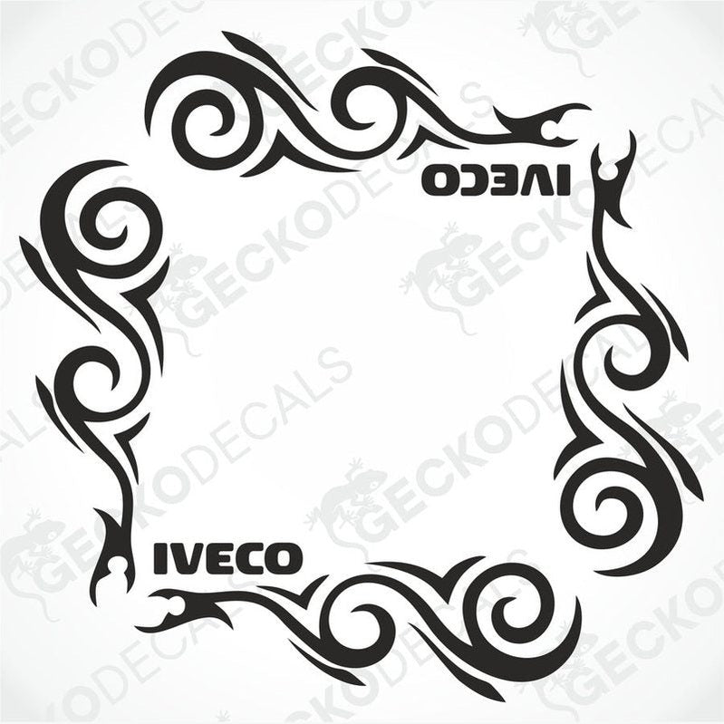A black and white tribal-style side window decal with the IVECO brand logo.
