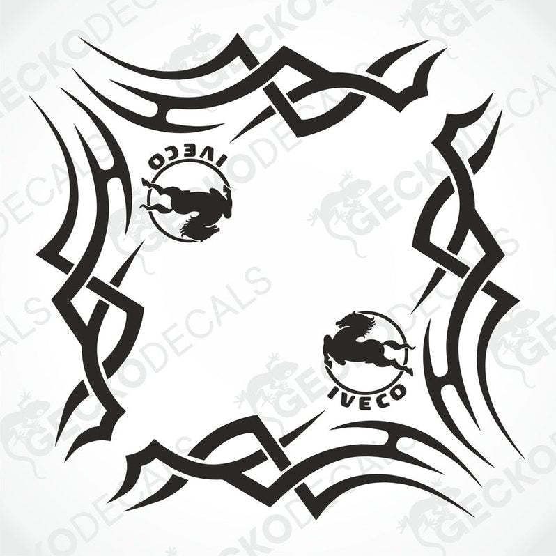 Black IVECO tribal side window decal with horse logo on transfer paper