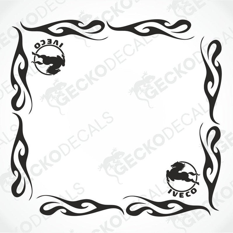 IVECO Tribal side window decal set with flame borders and horse logos for truck exterior or interior