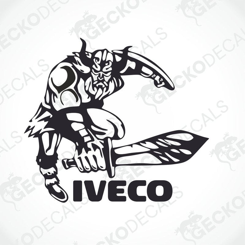 A black and white decal featuring a Viking warrior holding a sword, with the IVECO logo integrated into the design.