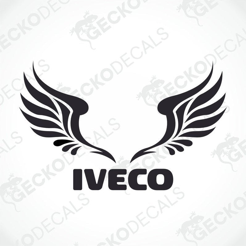 A decal with two wings spread on either side of the IVECO logo, designed for use on vehicles or other surfaces.