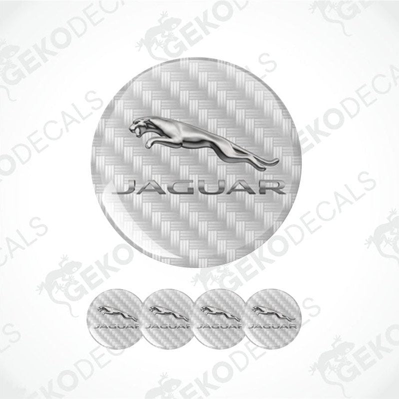 Jaguar logo with carbon fiber texture and multiple smaller logos below on a white background.