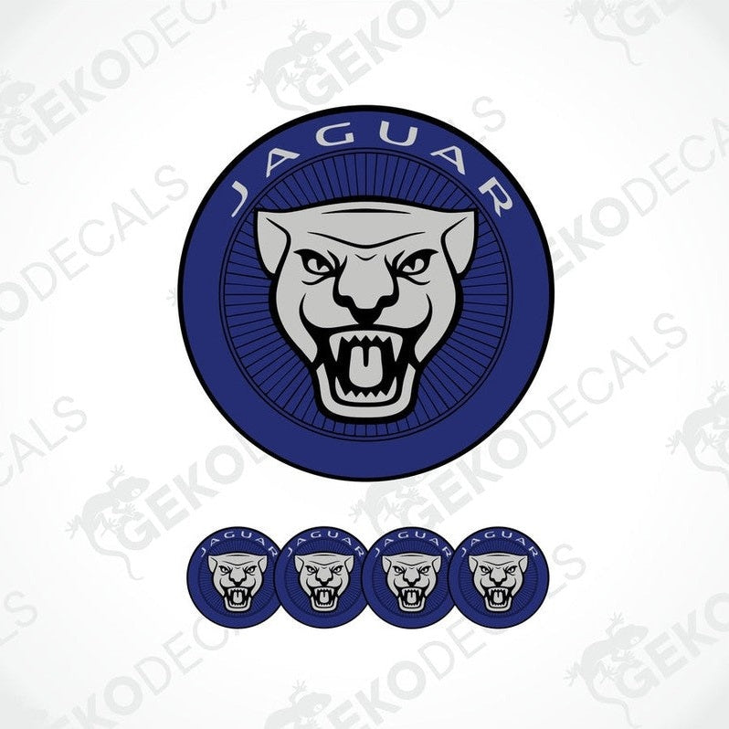 A set of vinyl decals featuring a jaguar logo with a blue background, intended for use as car stickers.