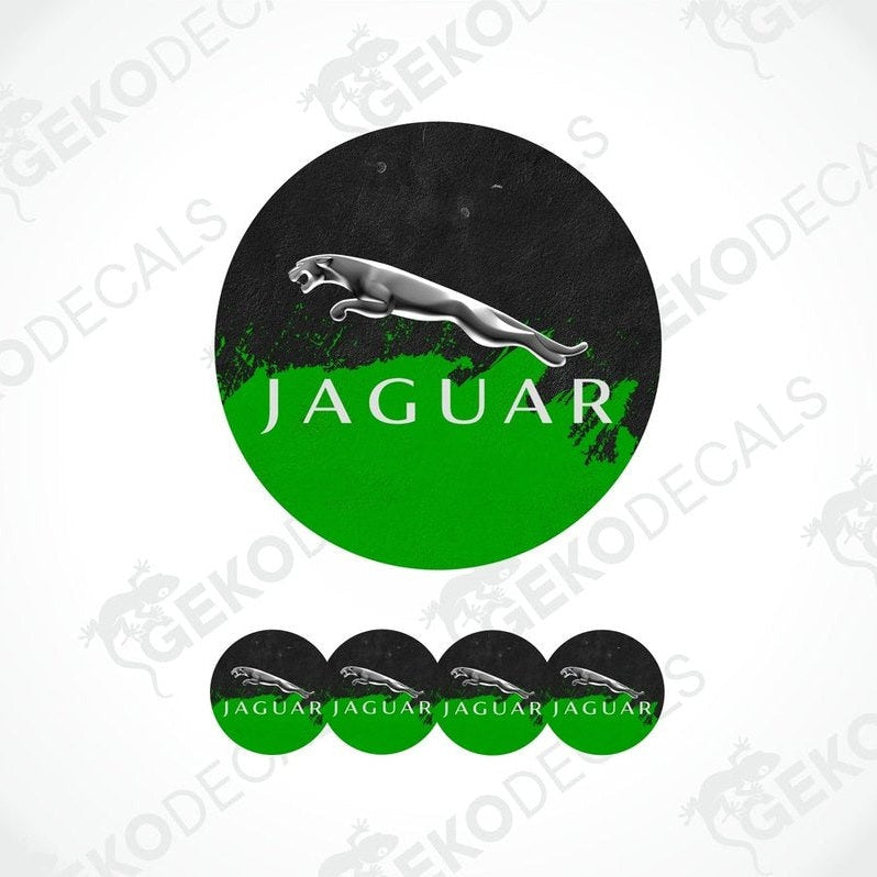 A set of vinyl decals for a JAGUAR car, featuring a green and black design with the JAGUAR logo.