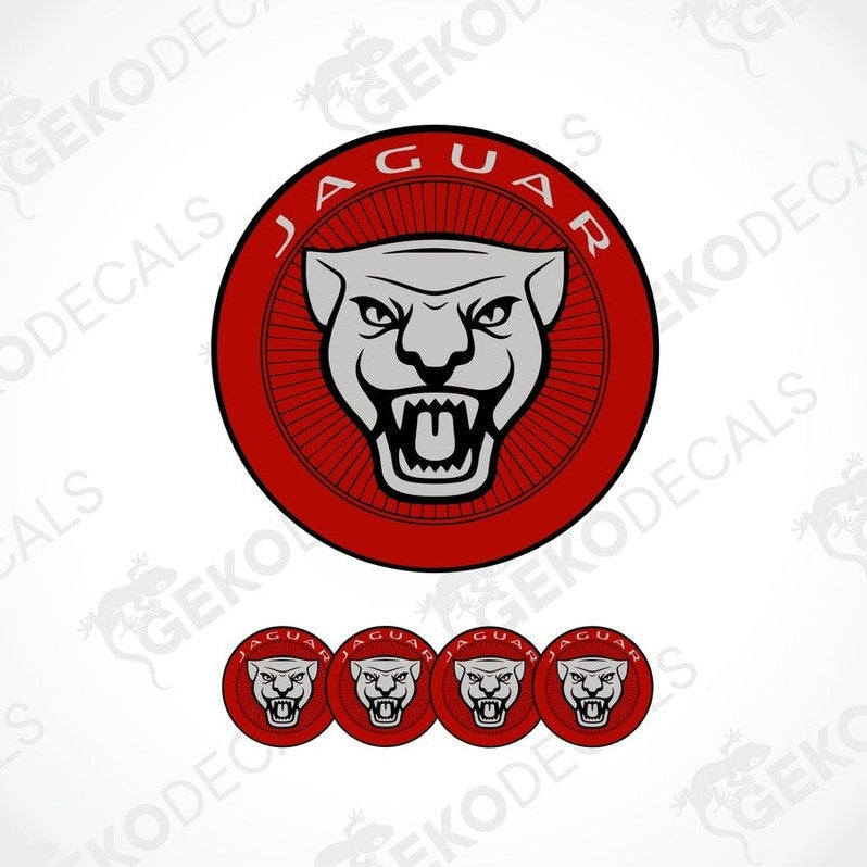 A set of vinyl decals with a polyurethane coating featuring the Jaguar car brand logo in red, black, and white colors.