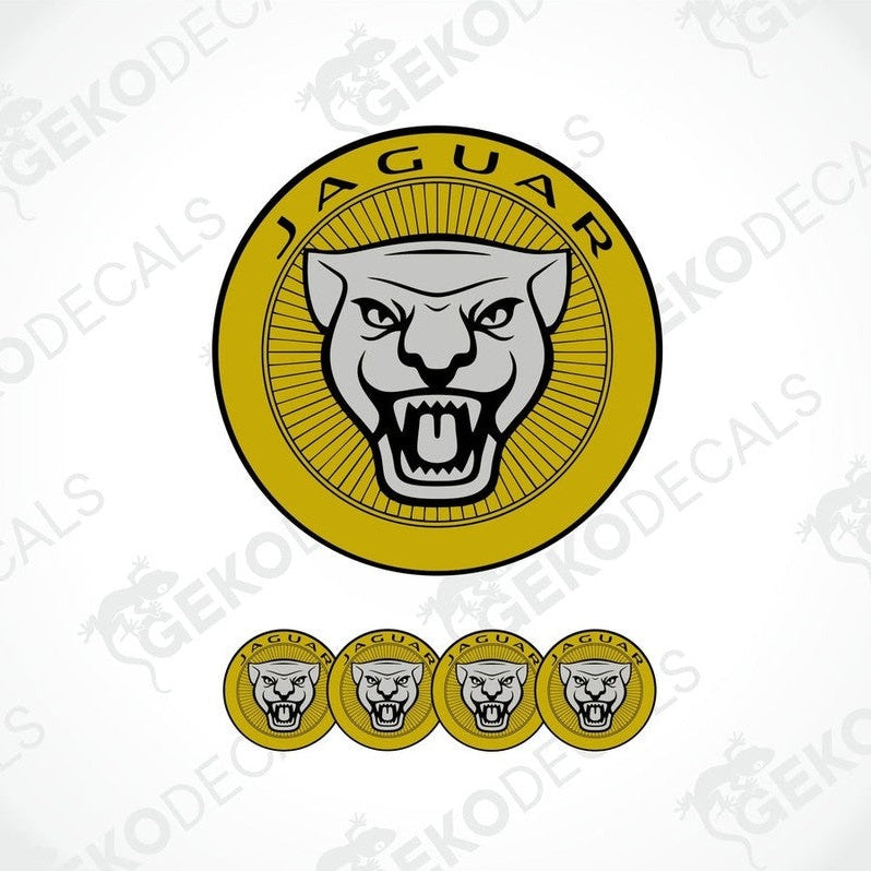 A set of four gold-colored vinyl stickers with a Jaguar logo design, displayed against a white background.