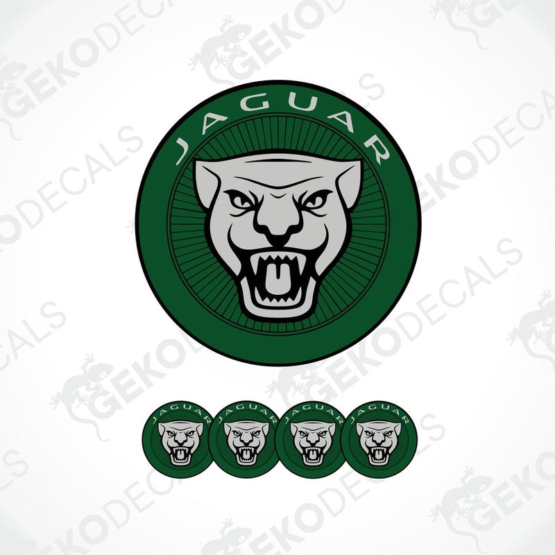 A set of four green vinyl stickers with a Jaguar logo.