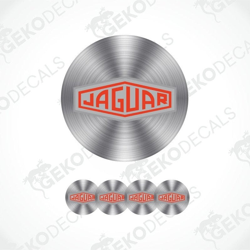 A set of vinyl decals with a polyurethane coating, featuring the Jaguar logo, displayed on a silver background.
