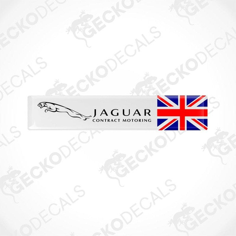 White vinyl stickers with the Jaguar logo and a British flag design, placed against a white background.