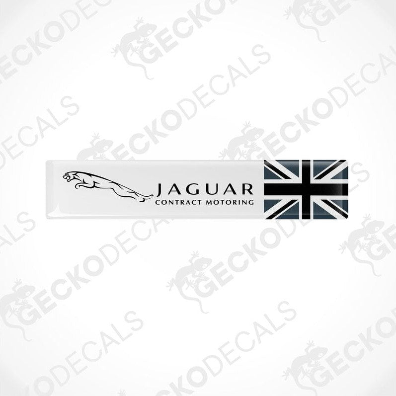 White vinyl stickers with the Jaguar logo and a British flag design, placed against a white background.