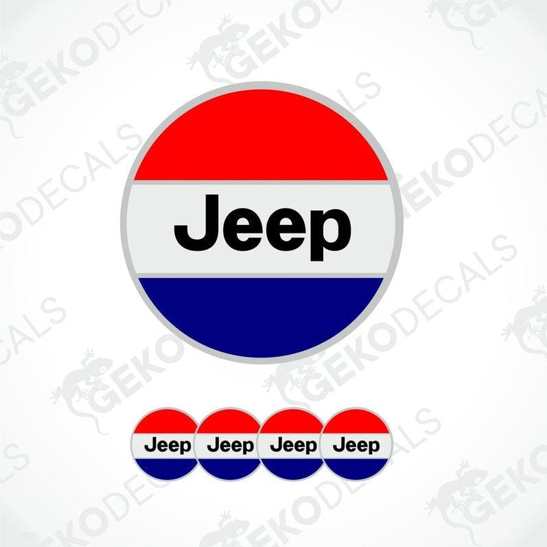 A set of four JEEP branded vinyl stickers with a red, white, and blue color scheme, displayed on a white background.