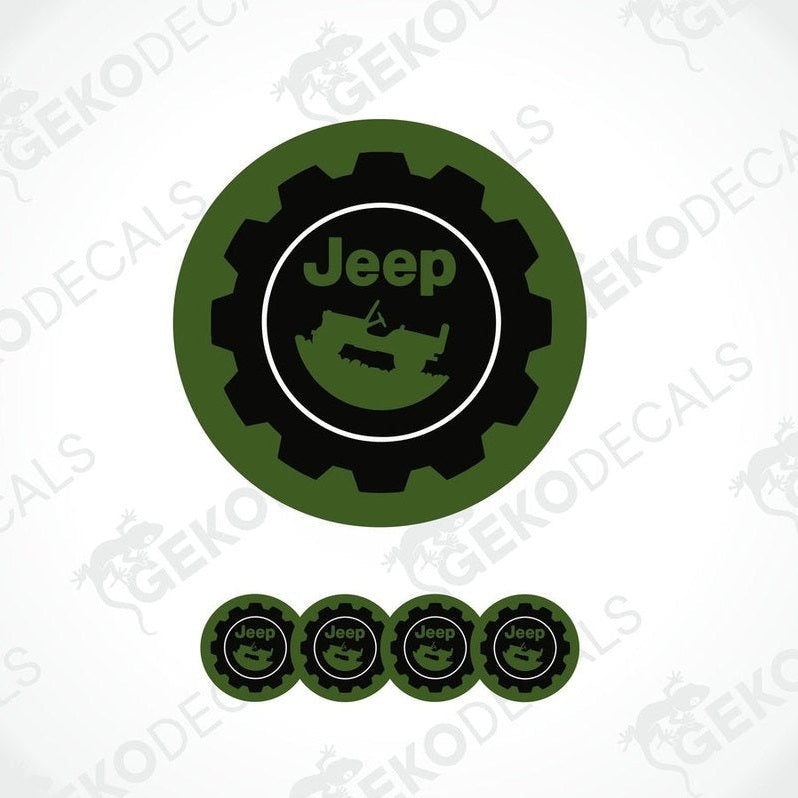 A set of four green and black vinyl stickers with a JEEP logo, designed for use on car wheels or caps.