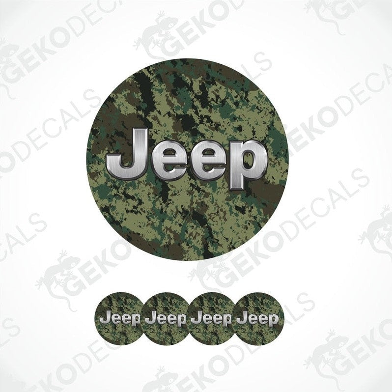 A set of round vehicle decals spelling out 'Jeep' with a camouflage pattern.