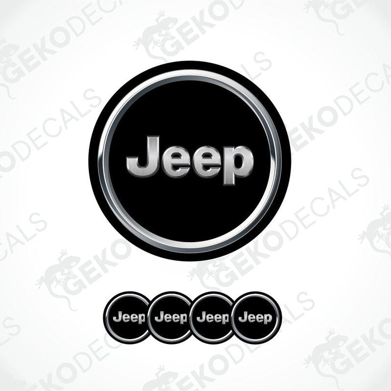 A set of four black vinyl stickers with the word 'JEEP' printed on them, arranged in a circular pattern with a white background.