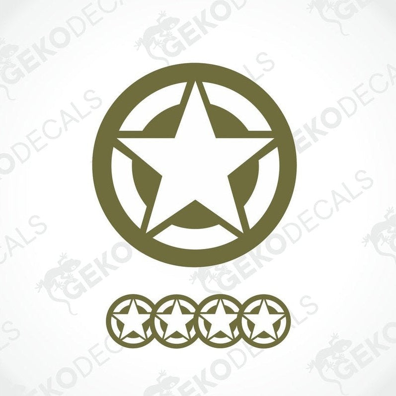 A set of green star-shaped vinyl decals, with one large decal in the center and four smaller ones arranged below, likely intended for use as vehicle decals.