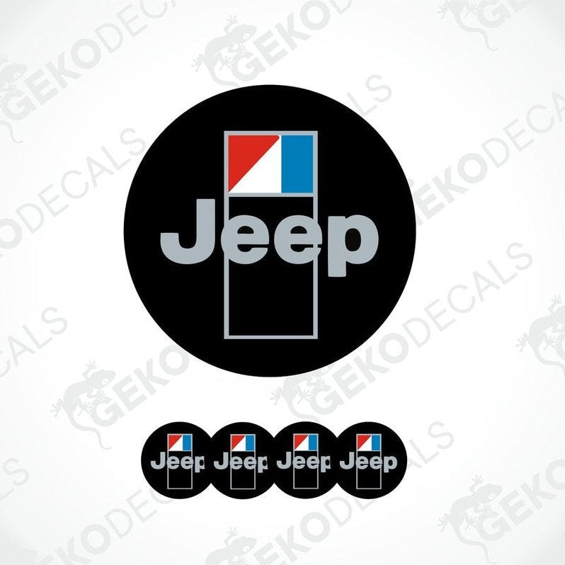 A set of four Jeep branded vinyl decals, three in circular shape and one in rectangular shape, with a red, white, and blue color scheme.