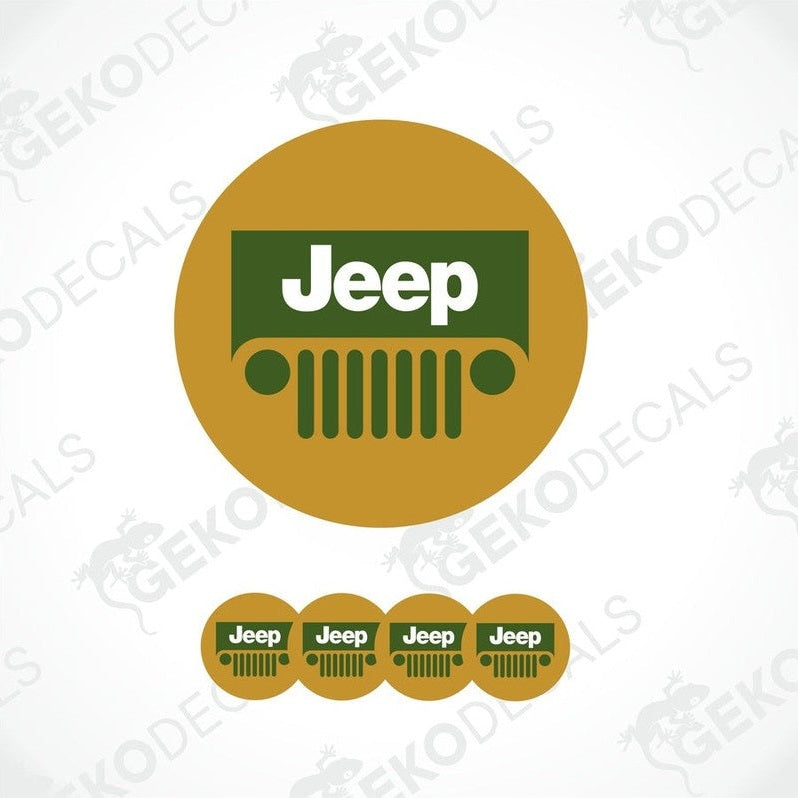 A set of round vehicle decals with the Jeep brand logo on them.