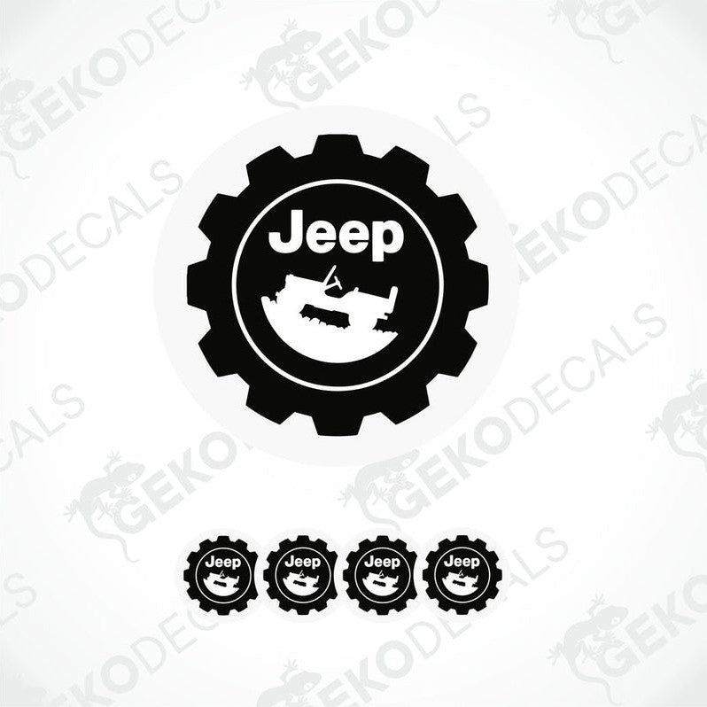 A set of four black vinyl stickers with a JEEP logo and gear design.