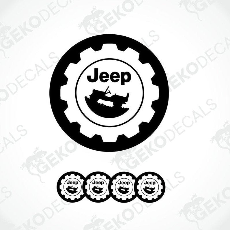 A set of four white vinyl stickers with a JEEP logo and an illustration of a boat on each sticker.