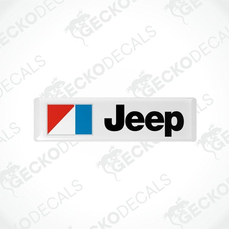 Rectangular Jeep branded vinyl decals with a red, black, and blue color scheme.