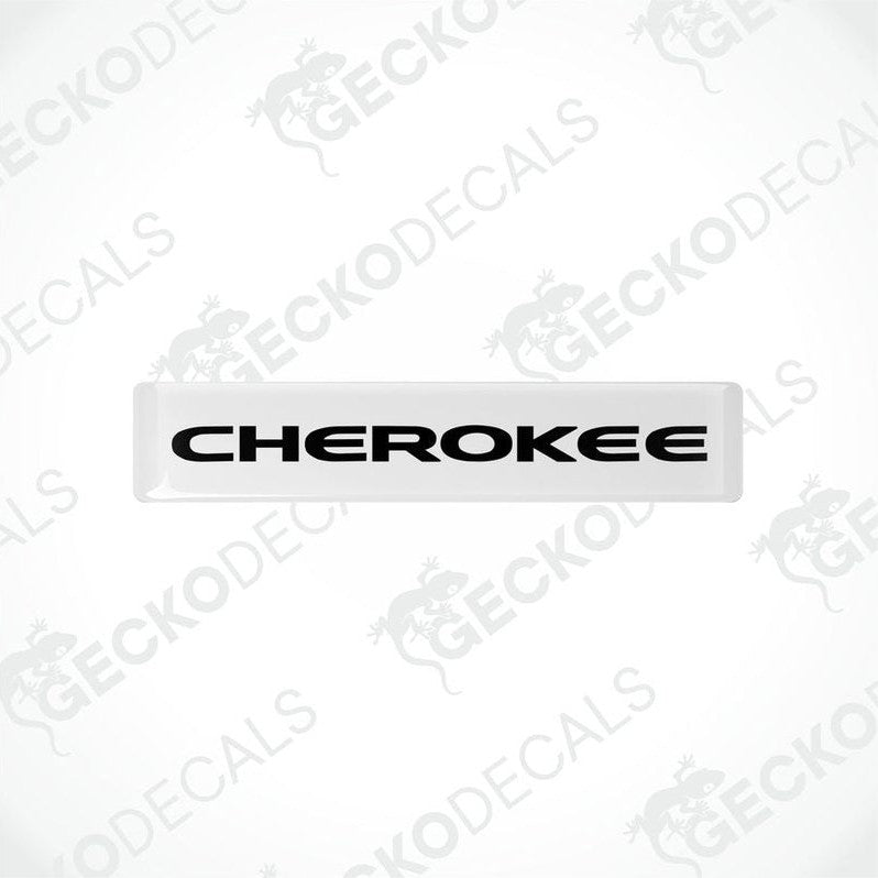 Withe vinyl decals with the word 'CHEROKEE' written in black letters.