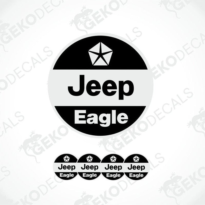 A set of four black vinyl stickers with the word 'JEEP' and an eagle graphic in the center, arranged on a white background.