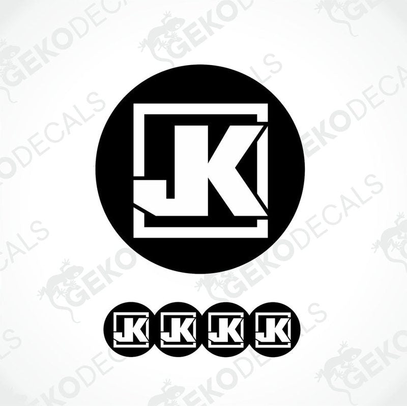 A set of four vinyl decals with a polyurethane coating, featuring the letter 'JK' in black and white, designed for use as car decals.