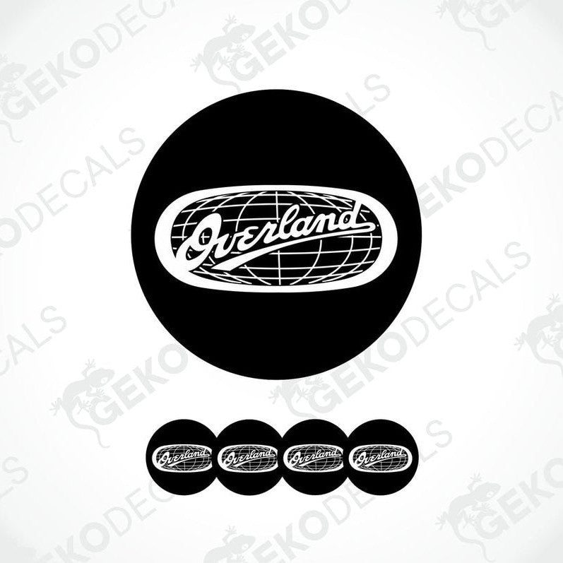 A set of four black vinyl stickers with the word 'overland' and a design that resembles a globe.
