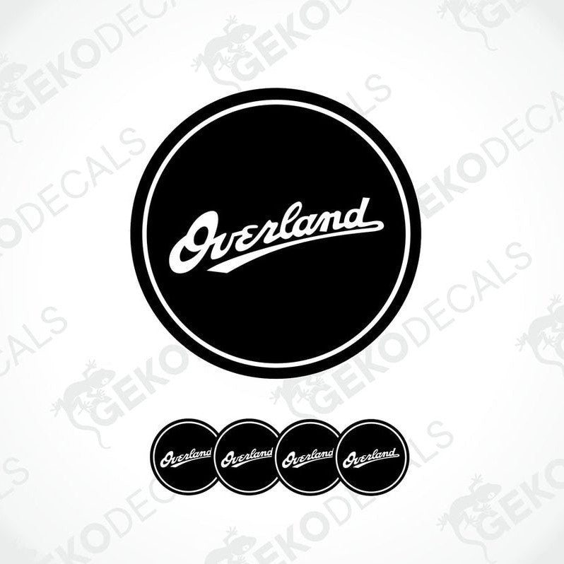 A set of four black vinyl stickers with the 'overland' brand logo, displayed on a white background.