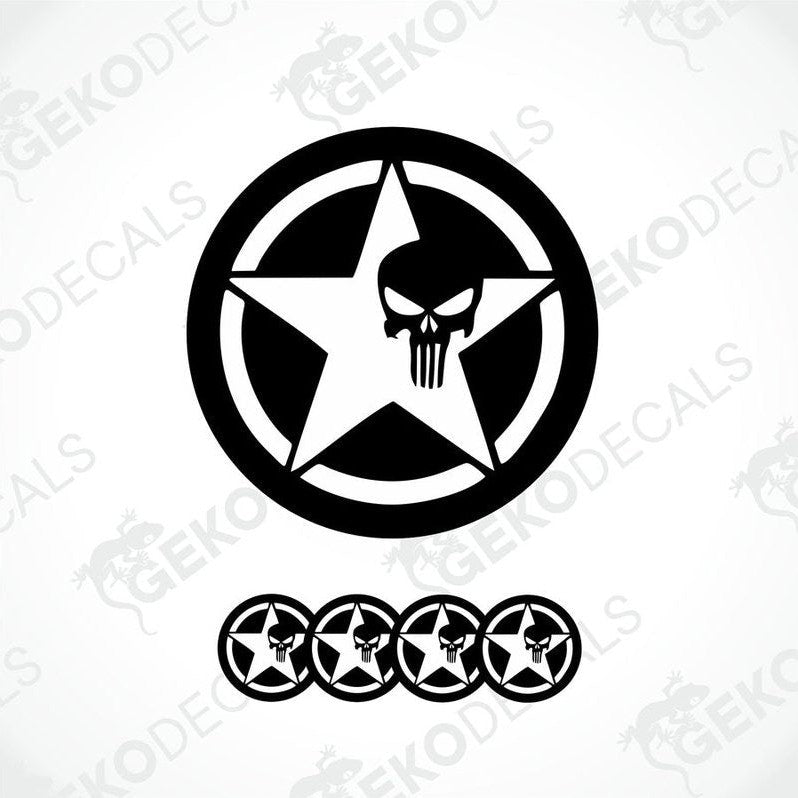 A set of four black vinyl stickers with a star and the word 'PUNISHER' on them, arranged against a white background.