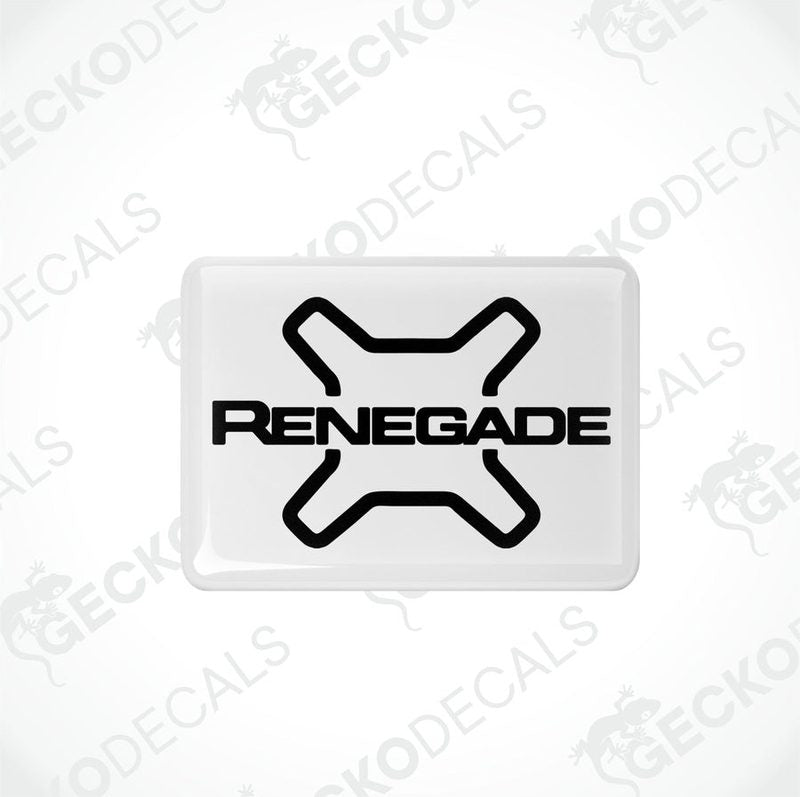 Withe vinyl decals with the word 'RENEGADE' written in blac letters, accompanied by the Jeep brand logo in gray.
