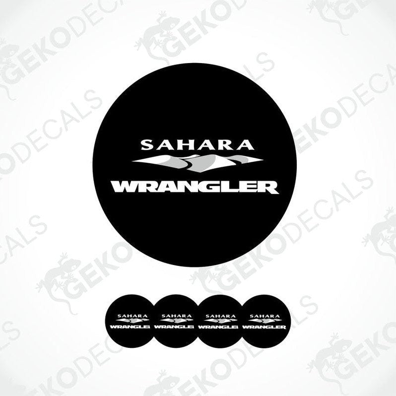 A set of black vinyl decals with the text 'SAHARA WRANGLER' on them, displayed on a white background.