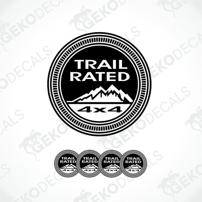 A set of four black vinyl stickers with the text 'TRAIL RATED 4X4' and a mountain range illustration in the center.