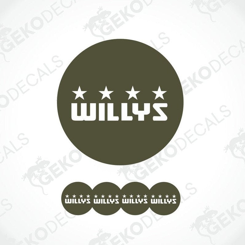 A set of round vehicle decals with the text 'WILLYS' on them, presented in a layout that suggests one large decal and four smaller ones.