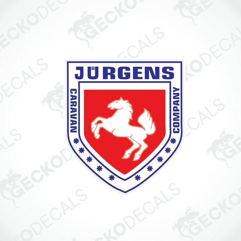 A die cut sticker with a shield shape featuring the name 'JÜRGENS' and an image of a horse, predominantly red and white with blue accents.