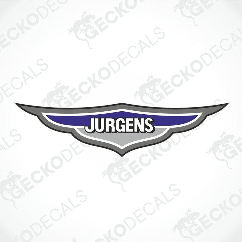 A printed and laminated die cut sticker with the text 'JURGENS' on a white background. The sticker has a geometric design with a combination of purple and gray colors.