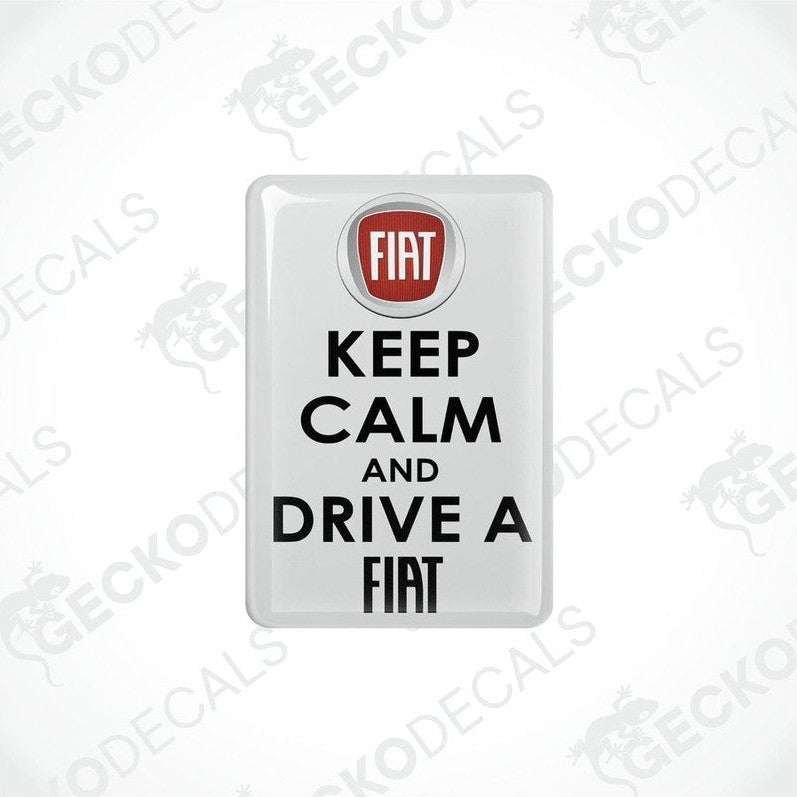 Withe vinyl stickers with the text 'KEEP CALM' and 'DRIVE A FIAT' along with the Fiat logo.
