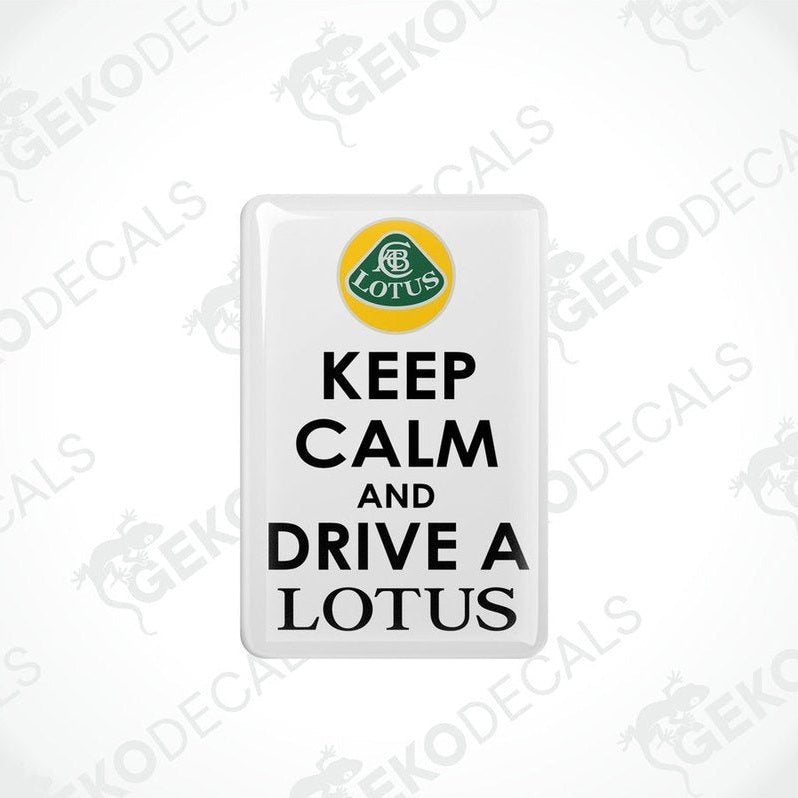 White vinyl stickers with a 'KEEP CALM AND DRIVE A LOTUS' text and a yellow and green geometric design.