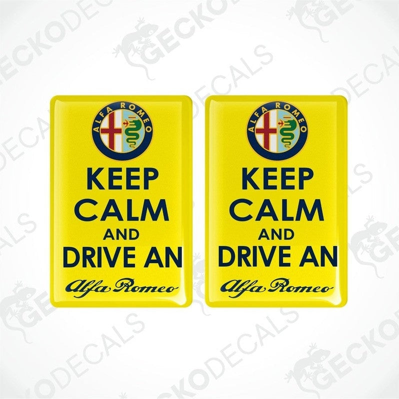 Two yellow rectangular vinyl decals with the text 'KEEP CALM AND DRIVE AN Alfa Romeo' and the Alfa Romeo logo.