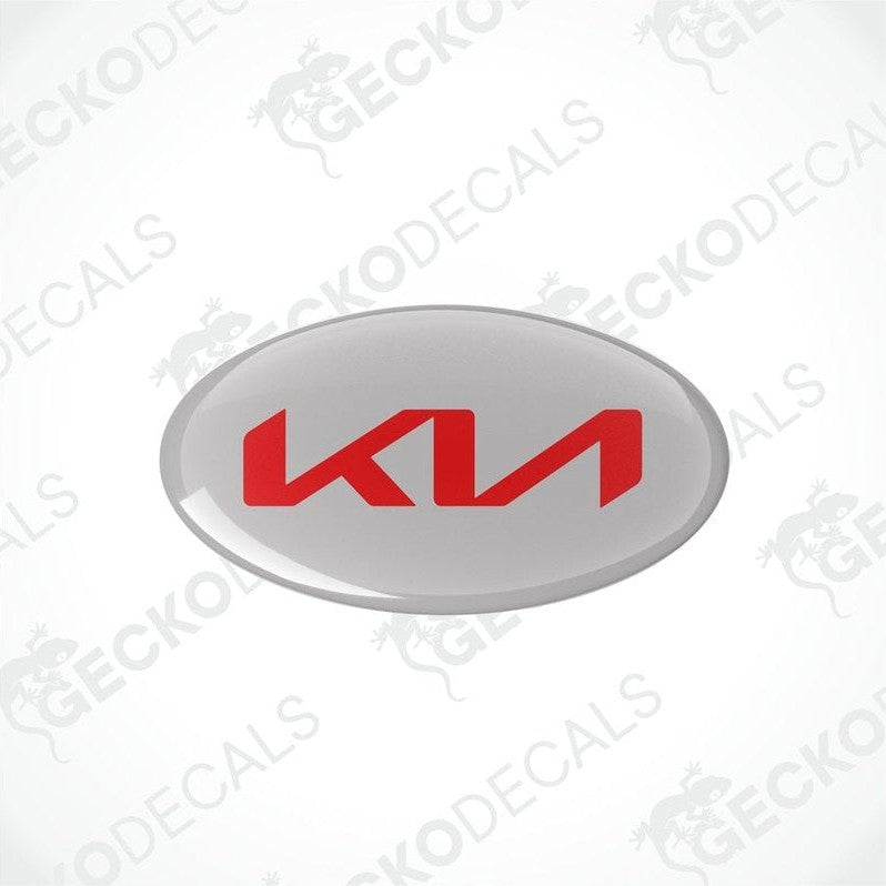 Oval vinyl stickers grey a red 'KIA' logo in the center, placed against a white background with the text 'geckodecals'.
