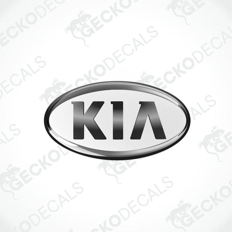 White oval-shaped vinyl decals with the KIA brand logo in dark grey text.