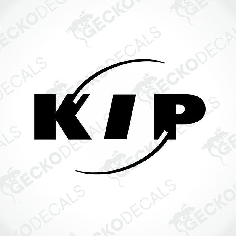 A black die cut sticker with the letters 'KIP' in bold.