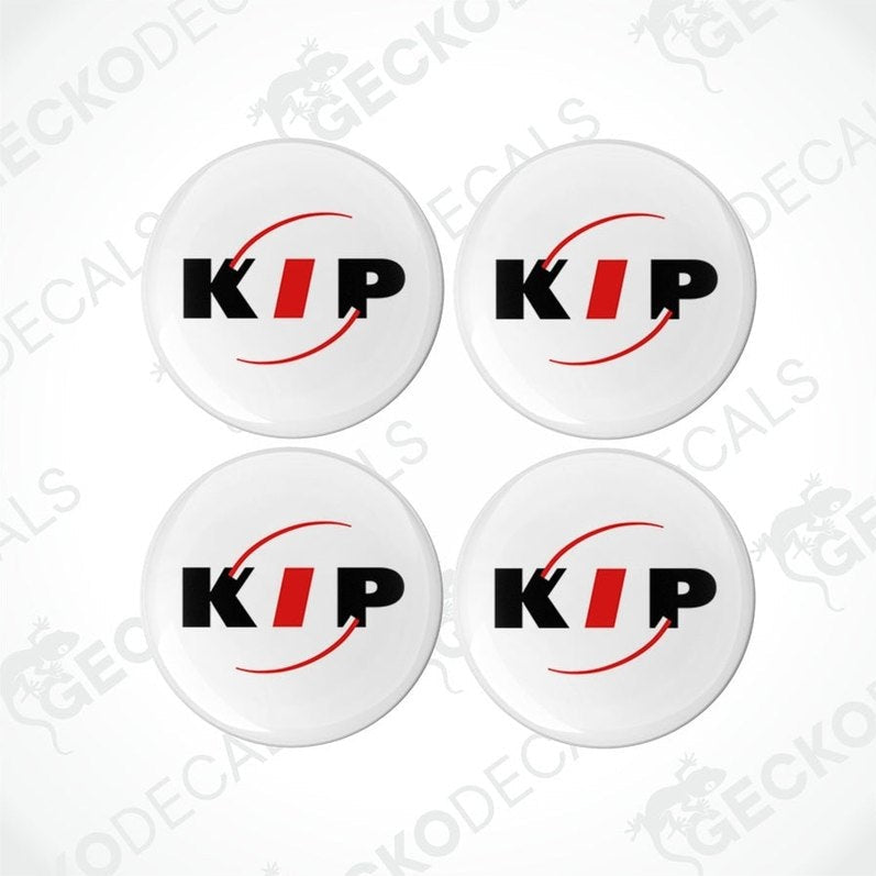 Four white vehicle decals with the KIP logo in black and red, arranged on a white background.