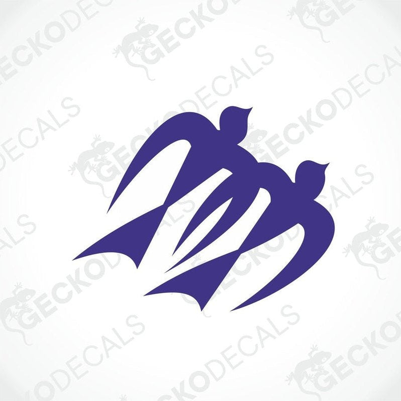 A set of two purple die cut decals with a geometric design, depicting what appears to be stylized butterflies or birds.