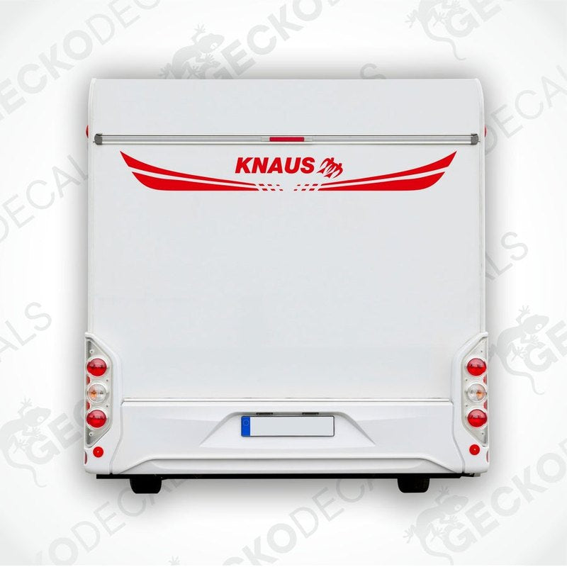 A white KNAUS decal for a caravan, featuring red and black text and decorative elements.