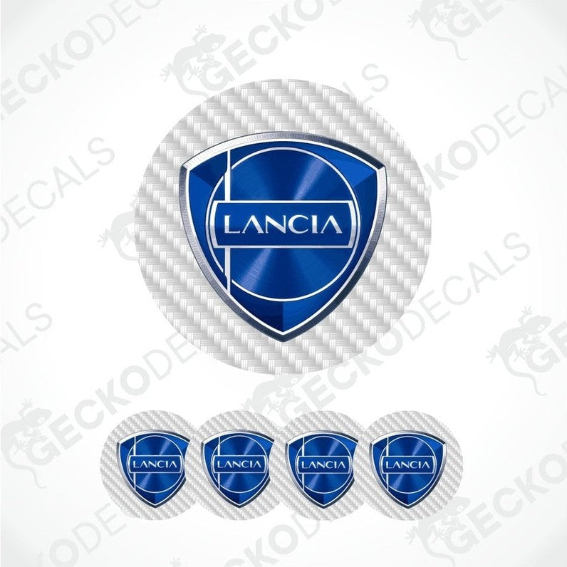 Lancia logo on carbon fiber sticker on a white background