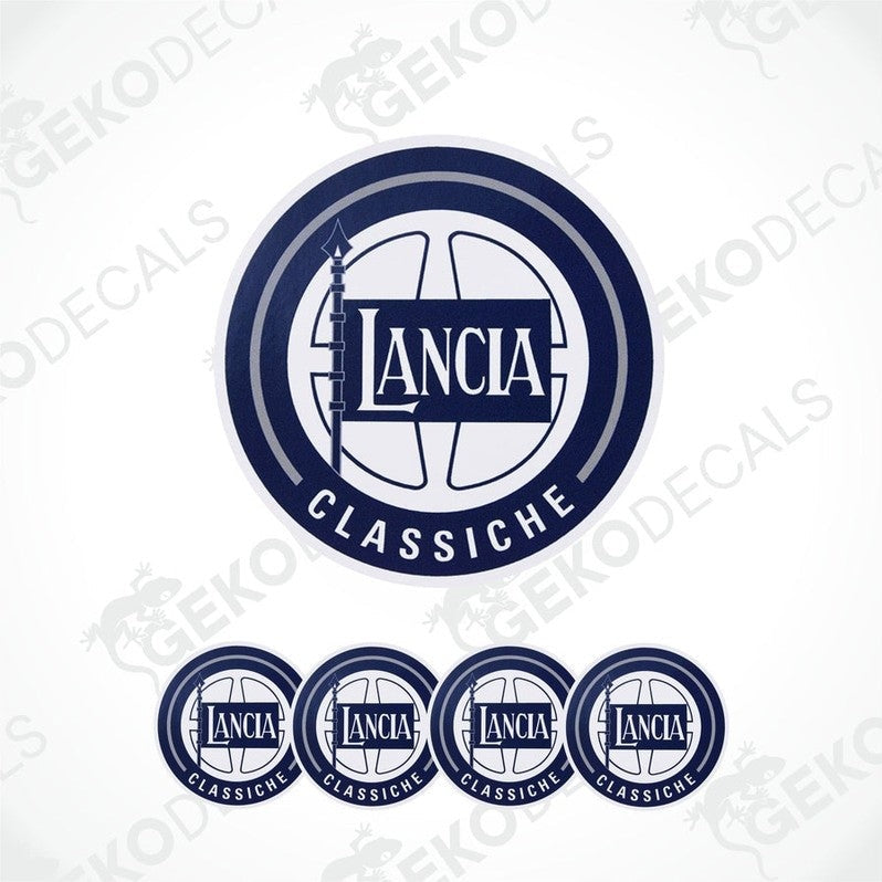 A set of four blue vinyl decals with the text 'LANCIA CLASSICHE' on them, presented against a white background.