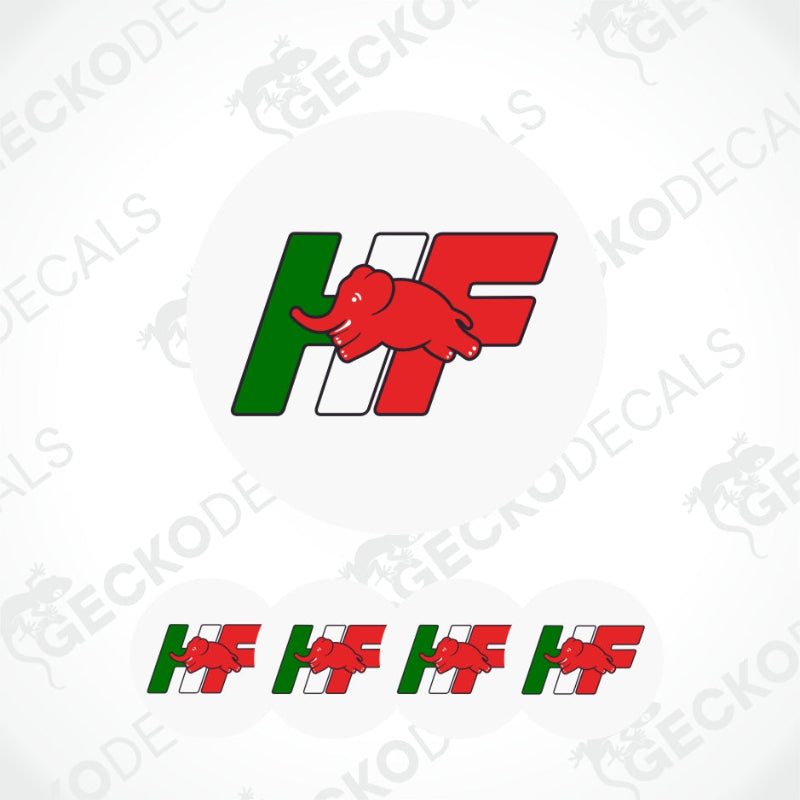 Logo with red elephant and green and white letters on a white background